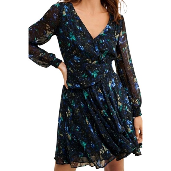 Anthropologie Dresses & Skirts - NWT Anthropologie Ruched Floral‎ Mini Dress Black Blue Size XS Fairy Feminine